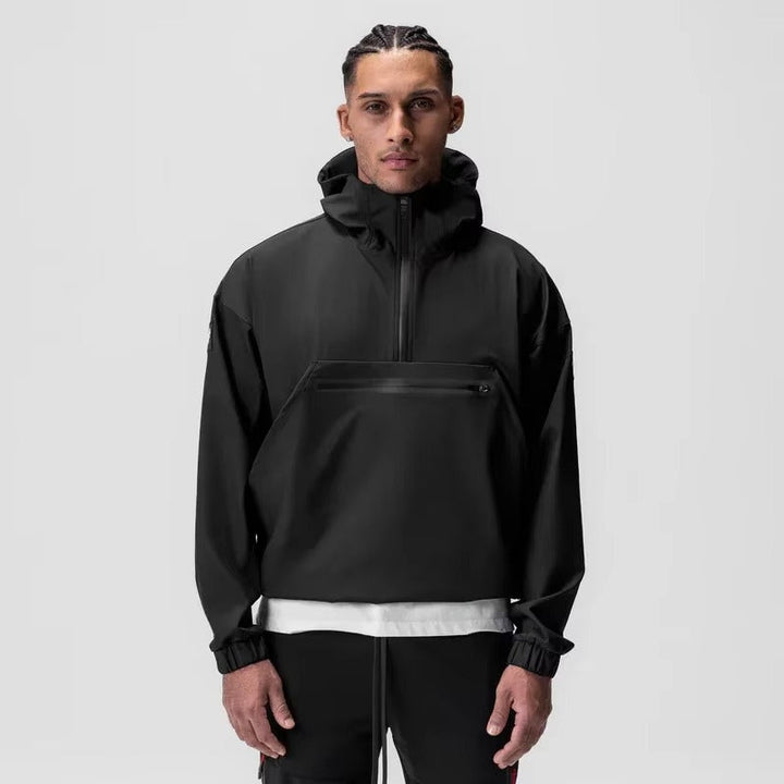 Herre langærmet hoodie med halv lynlås, stor lomme; en alsidig casual jakke til herretøj.