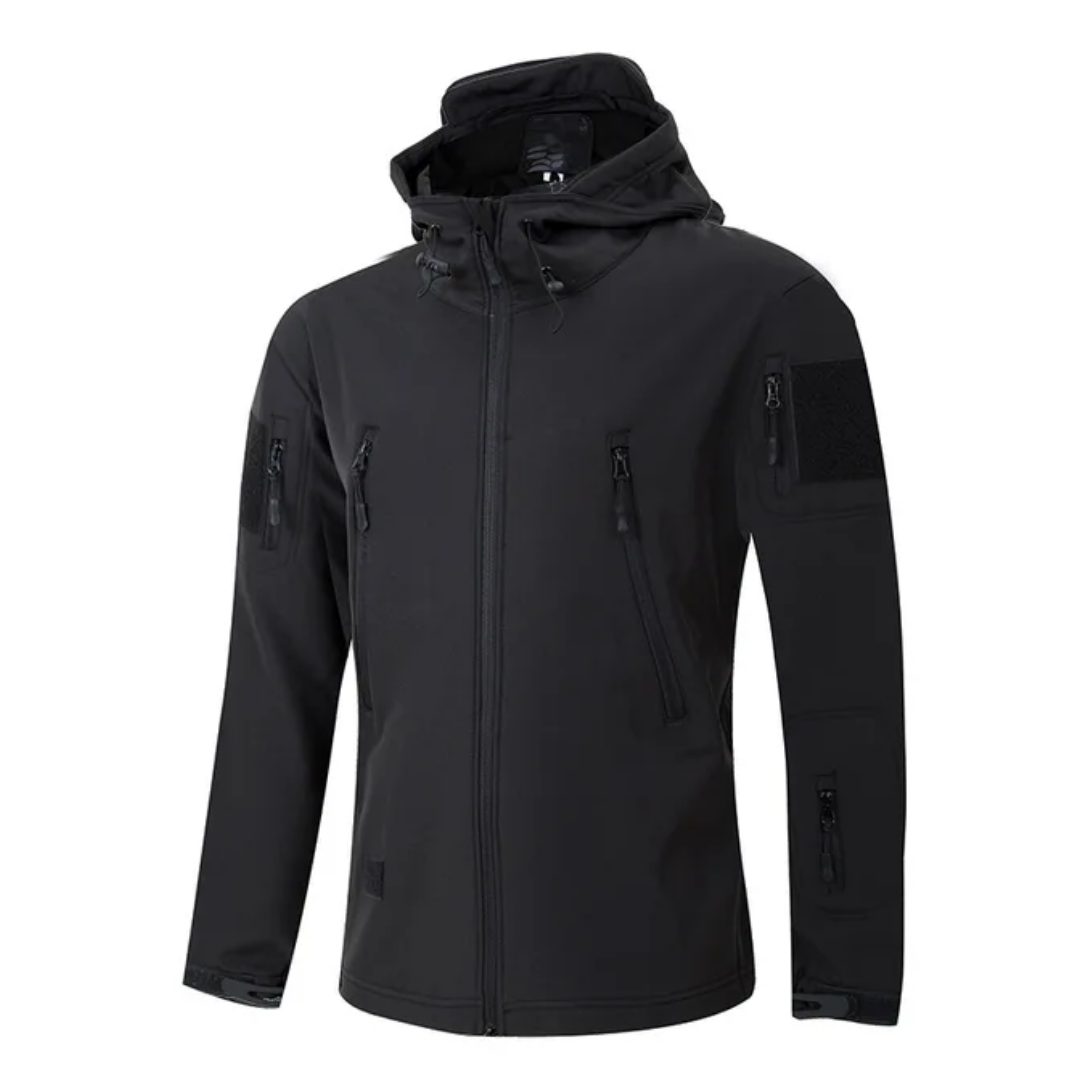 "Herre softshell-jakke, vindtæt og vandtæt, med termisk fleeceforing og moderne udendørs design i sort."