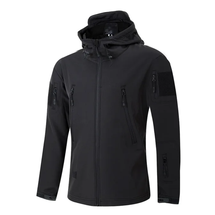 "Herre softshell-jakke, vindtæt og vandtæt, med termisk fleeceforing og moderne udendørs design i sort."