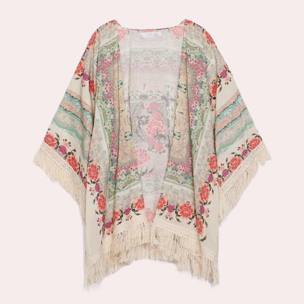 Hvid dame cardigan med boheme blomsterdesign, løs pasform. Ideel til stilfulde vinterdage.