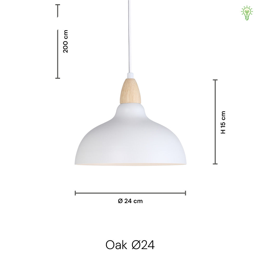"Hvid pendel Ø24 med matte trædetaljer; stilrent design til moderne interiør, ideel til stue og køkken."