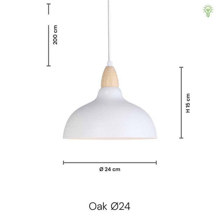 "Hvid pendel Ø24 med matte trædetaljer; stilrent design til moderne interiør, ideel til stue og køkken."