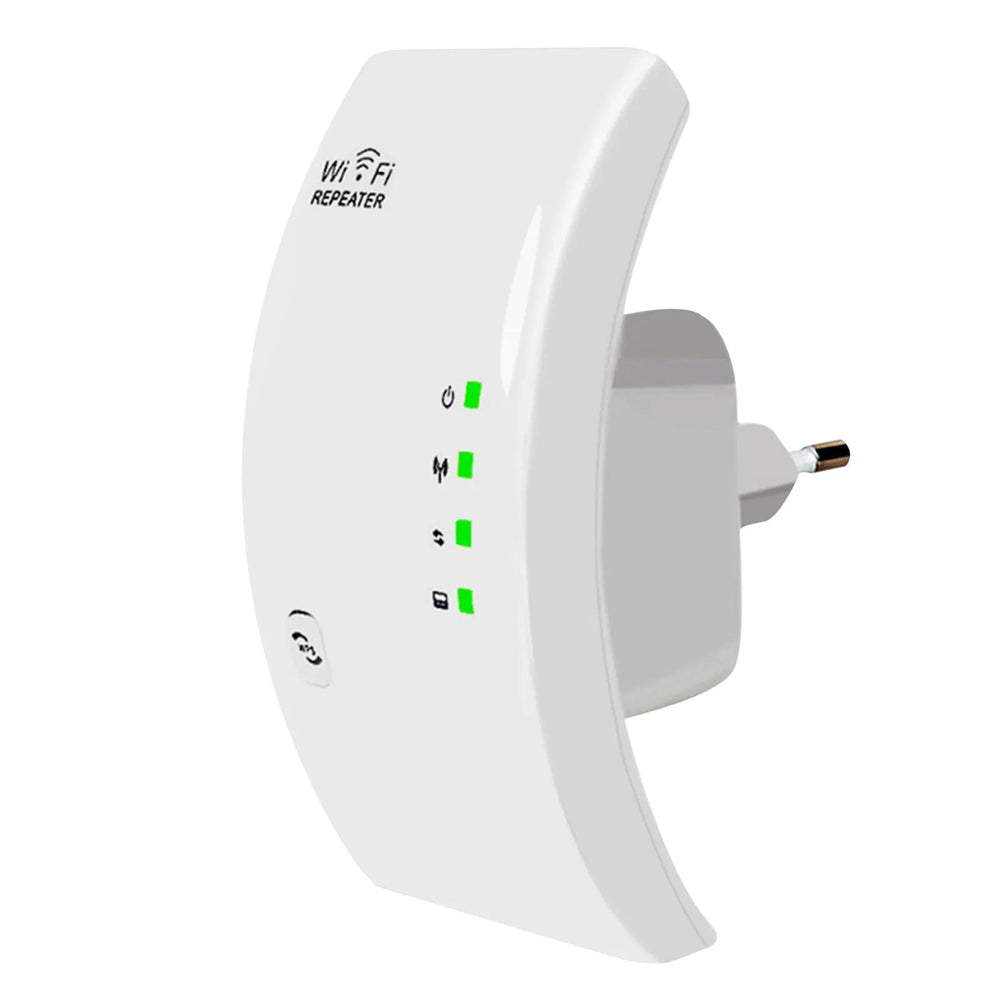 Hvid WiFi forstærker, kompakt design, forstærker trådløst signal, eliminerer døde zoner, forbedrer internetforbindelse i hjem