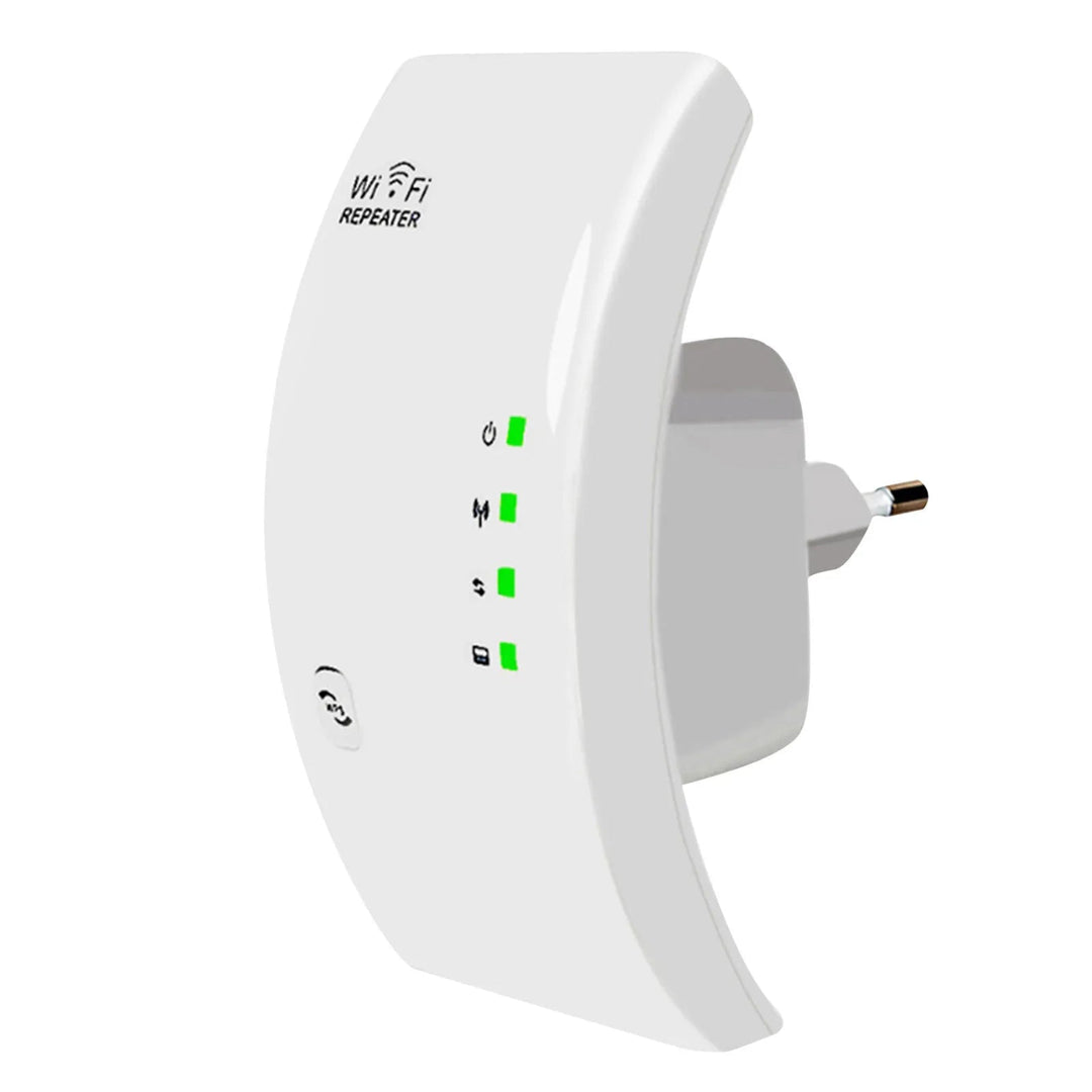 Hvid WiFi forstærker, kompakt design, forstærker trådløst signal, eliminerer døde zoner, forbedrer internetforbindelse i hjem