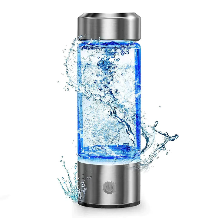 "HydroPure drikkedunk i sølvfinish med brint teknologi, til antioxidant hydrering, elegant og miljøvenligt design."