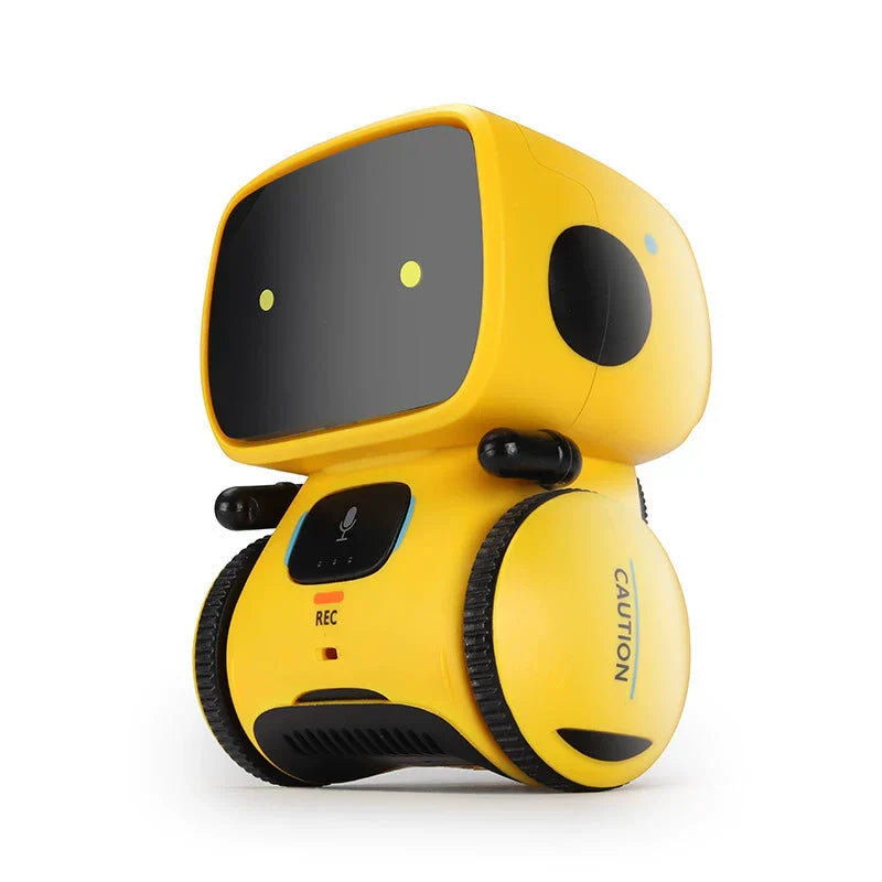 "Interaktiv dansende robot til børn, hvid og blå, synger og reagerer på stemmer, fremmer læring og leg, børnesikker."