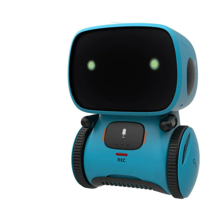 "Interaktiv dansende robot til børn, hvid og blå, synger og reagerer på stemmer, fremmer læring og leg, børnesikker."