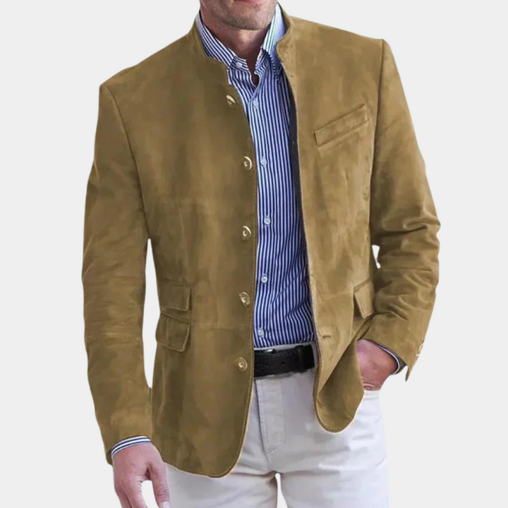 "Klassisk herrejakke i italiensk stil, visning forfra, elegant skræddersyning, luksusmateriale, tidløst design"