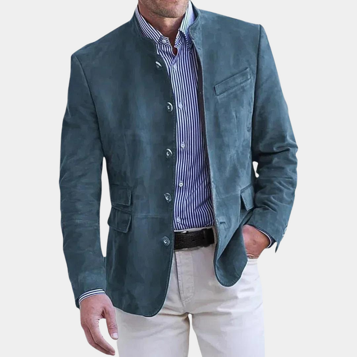 "Klassisk herrejakke i italiensk stil, visning forfra, elegant skræddersyning, luksusmateriale, tidløst design"