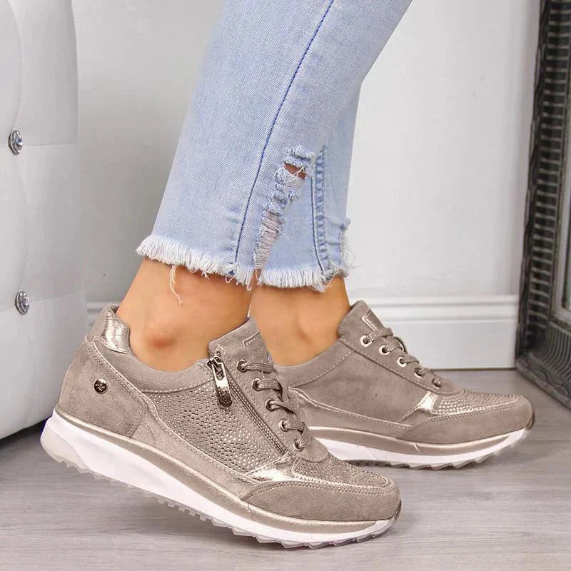"Komfortable ortopædiske sneakers med lynlås, ensfarvet design, bred pasform, rund tå og fleksibel sål til kvinder"