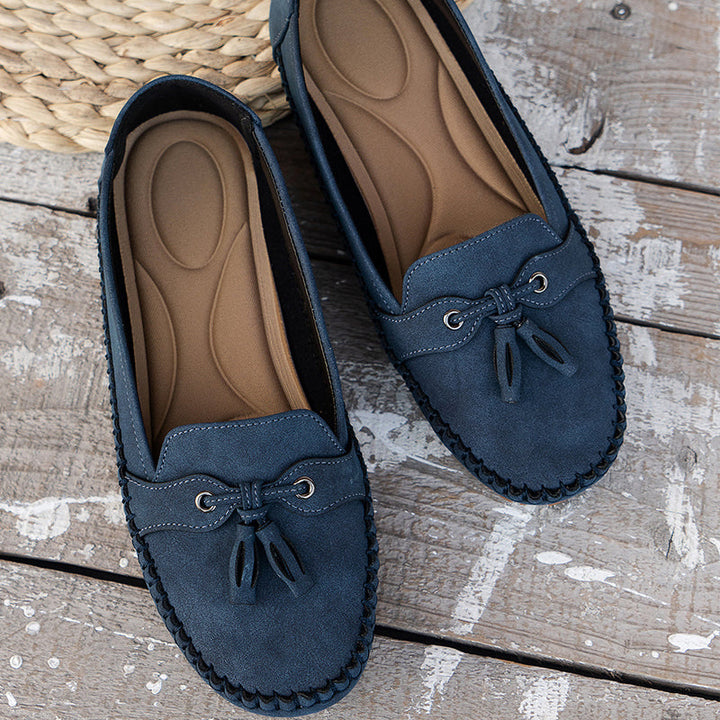 "Komfortable vintage loafers til kvinder, ortopædisk design med klassisk sløjfe i brun PU-læder og åndbar tekstil."