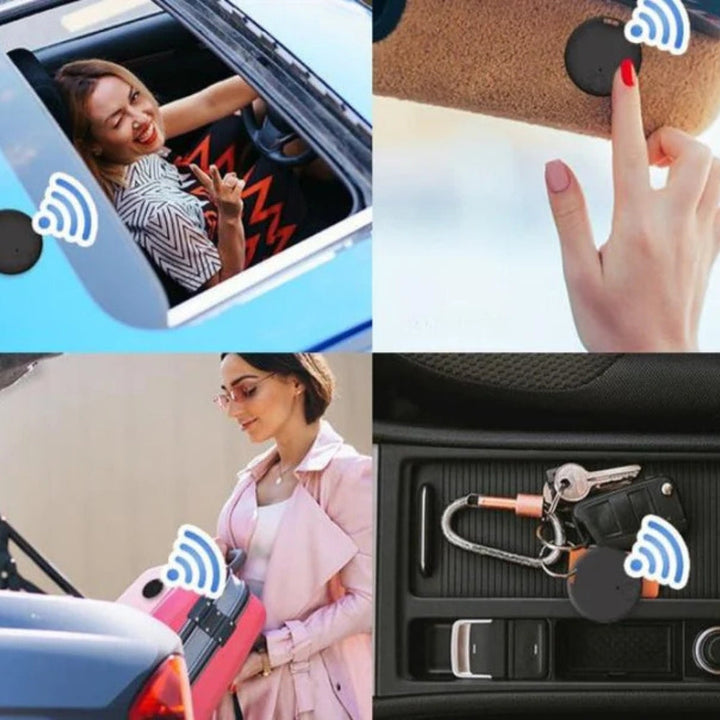 Kompakt, rund GPS-tracker med hul til fastgørelse; ideel til nøgler, tasker og kæledyr; leverer nøjagtige realtidsopdateringe