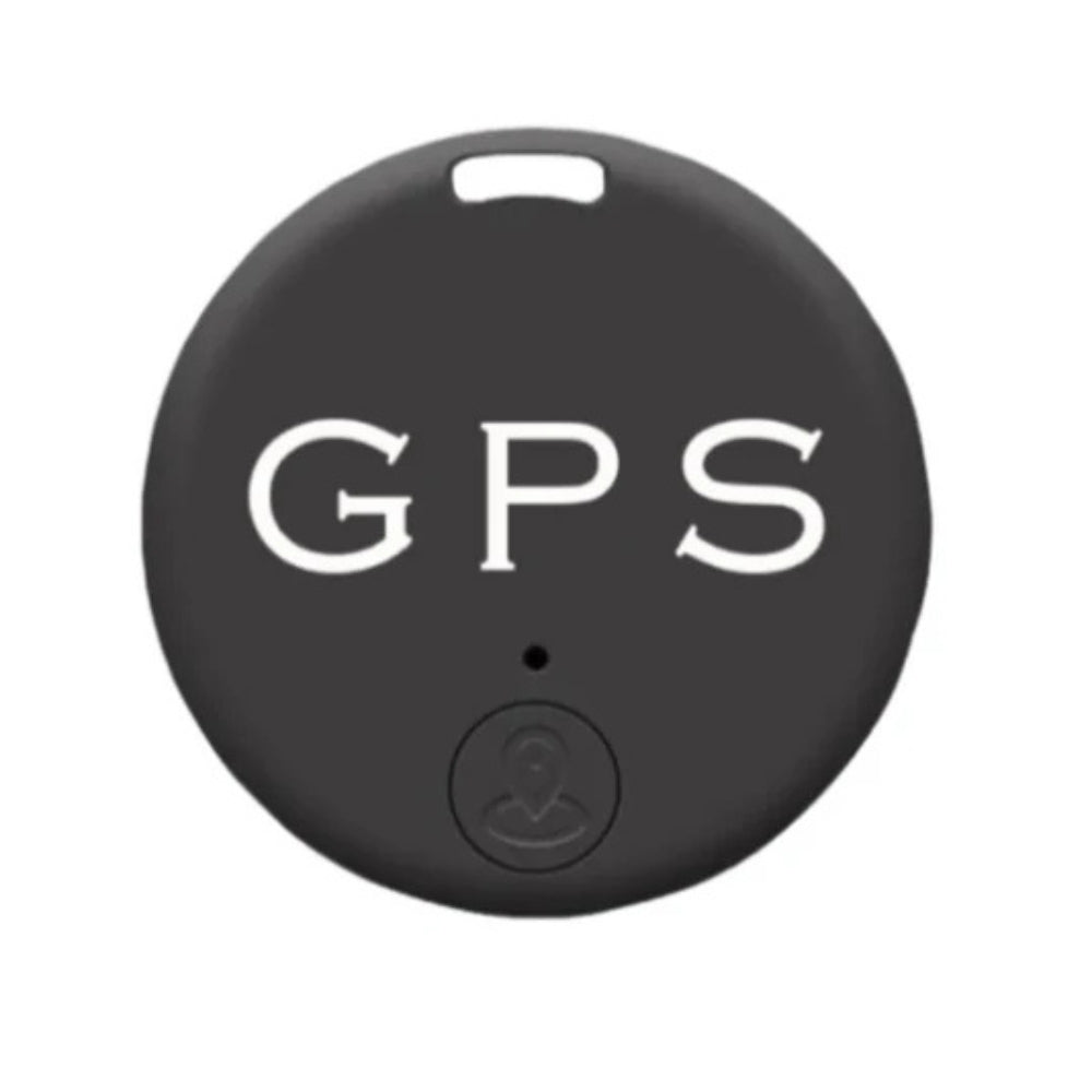Kompakt, rund GPS-tracker med hul til fastgørelse; ideel til nøgler, tasker og kæledyr; leverer nøjagtige realtidsopdateringe