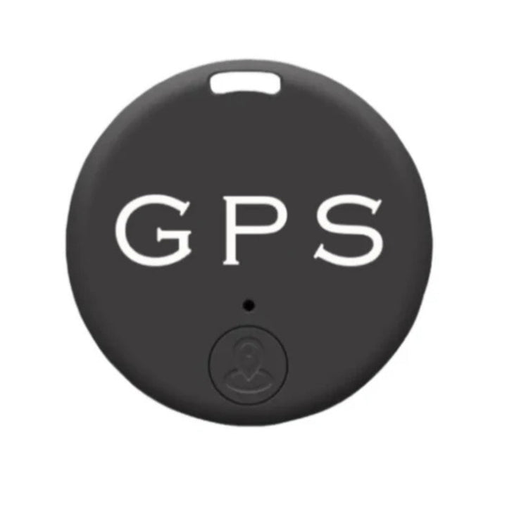 Kompakt, rund GPS-tracker med hul til fastgørelse; ideel til nøgler, tasker og kæledyr; leverer nøjagtige realtidsopdateringe