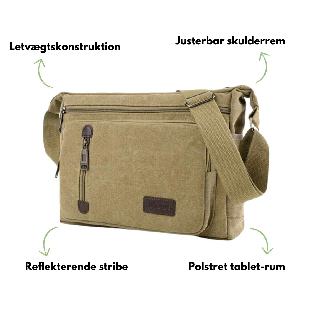 "Kompakt skuldertaske til rejser, sort, med justerbar rem og flere lommer. Stilfuld og vandafvisende for praktisk anvendelse.