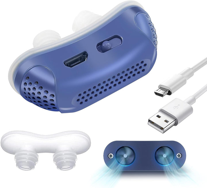 Maskefri blå silikone CPAP-enhed mod søvnapnø og snorken, forbedrer søvnkomfort og personlig pleje.
