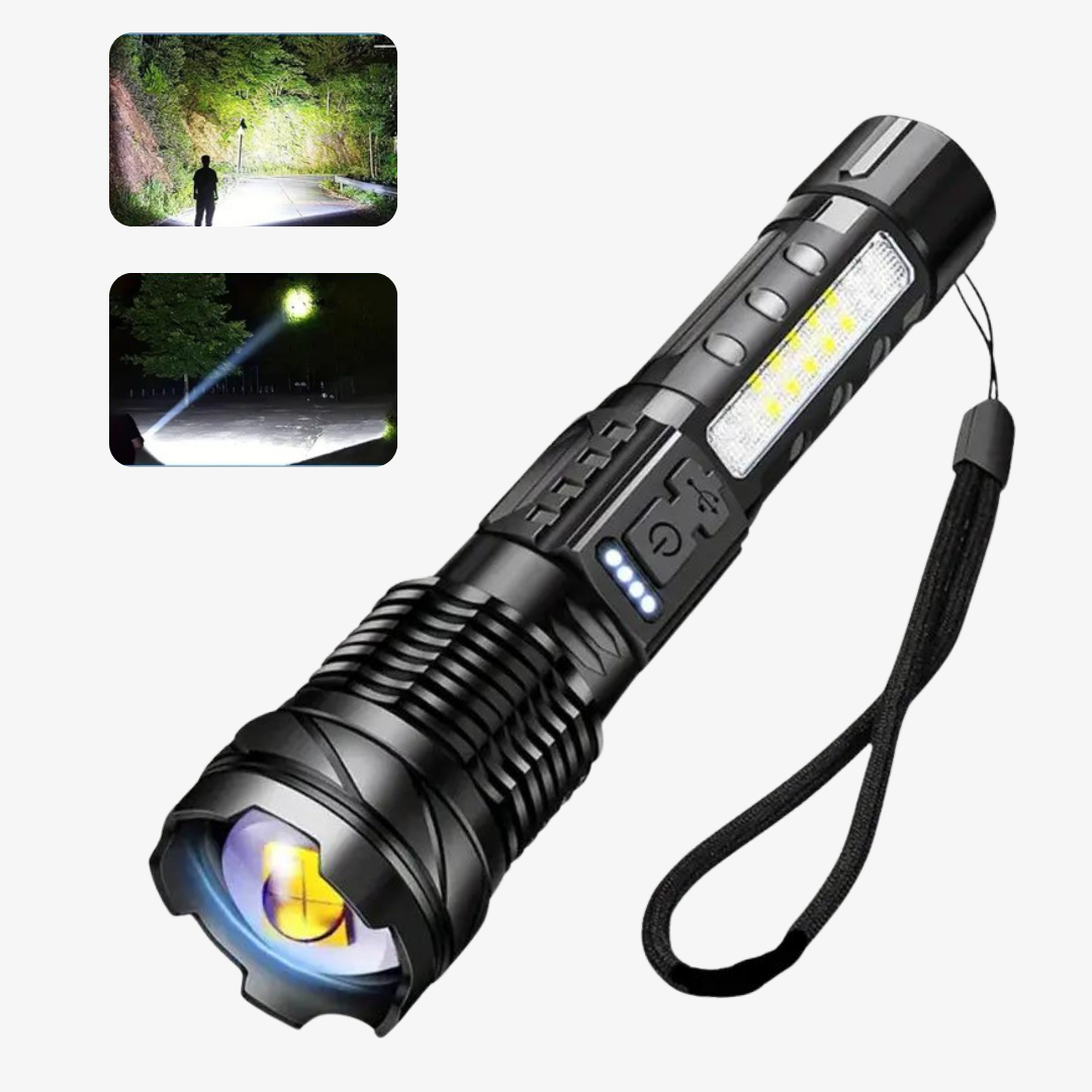 "Kraftfuld LED lommelygte med 5000 lumen, robust design, militærstil og USB-opladelig, perfekt til ekstreme forhold."