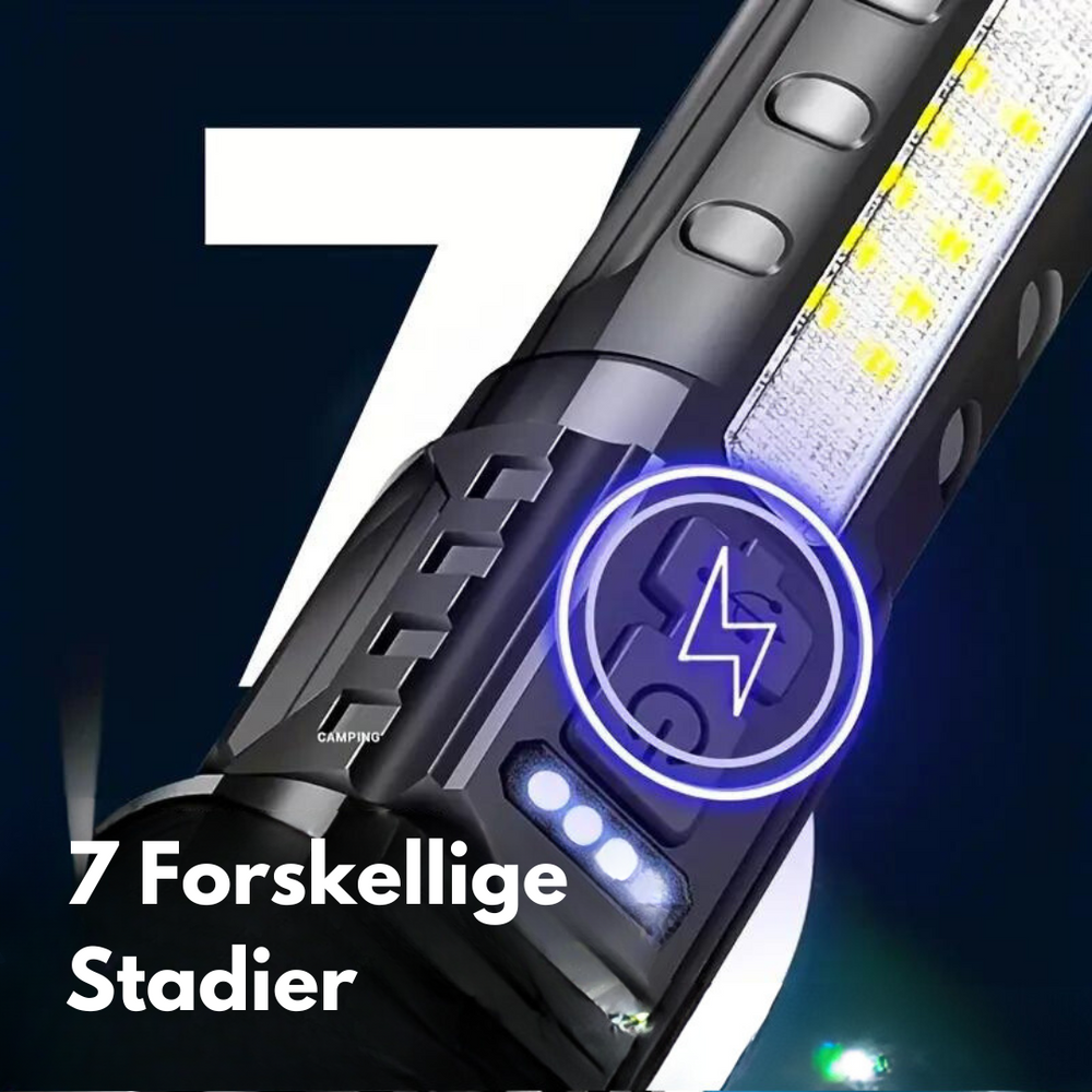 "Kraftfuld LED lommelygte med 5000 lumen, robust design, militærstil og USB-opladelig, perfekt til ekstreme forhold."