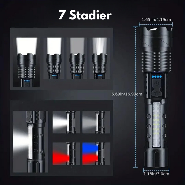 "Kraftfuld LED lommelygte med 5000 lumen, robust design, militærstil og USB-opladelig, perfekt til ekstreme forhold."