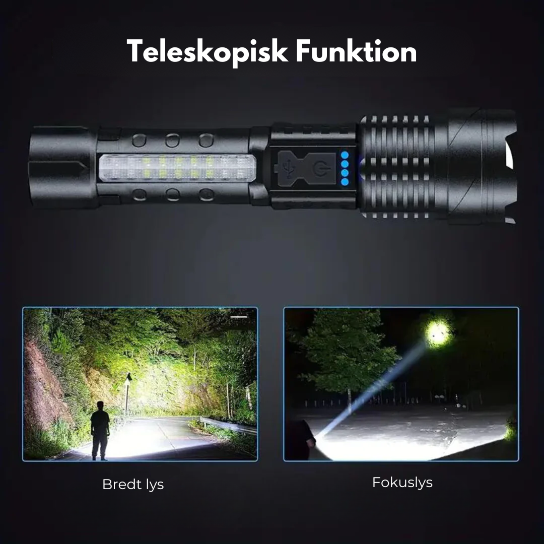 "Kraftfuld LED lommelygte med 5000 lumen, robust design, militærstil og USB-opladelig, perfekt til ekstreme forhold."