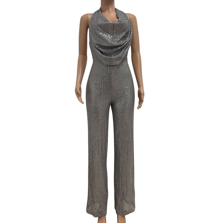 Elegant kvinder jumpsuit med pailletter og draperet halterneck, ideel til fest og særlige lejligheder.