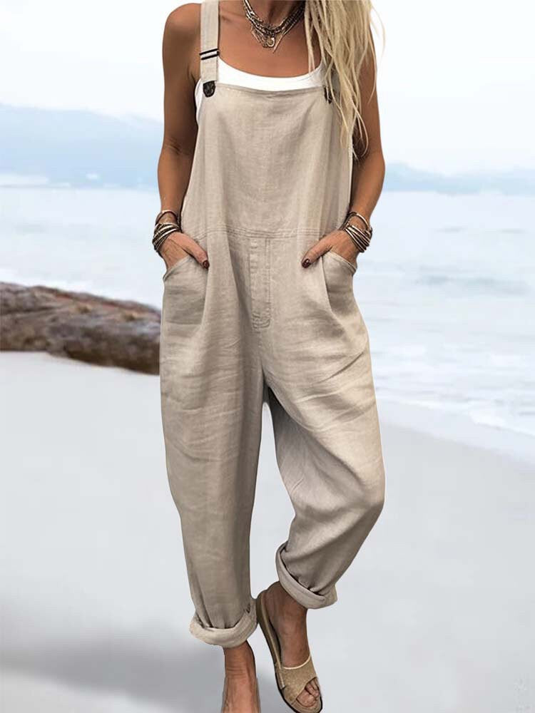 Kvinder's afslappede khaki overalls med justerbare seler. Perfekt løs buksedragt til sommer, strand og ferie i boheme stil.