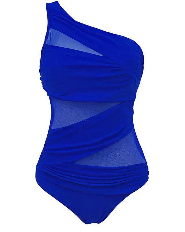 Asymmetrisk badedragt til kvinder med elegante mesh-detaljer, shaping & løftende push-up.