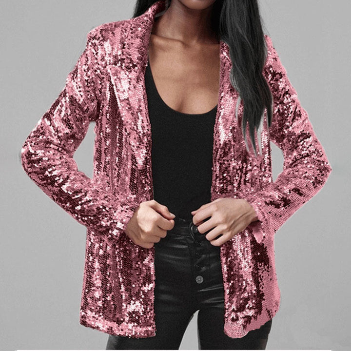 Glamourøs kvindeblazer med skinnende pailletter og elegant snit; ideel til fest og nytårsaften.