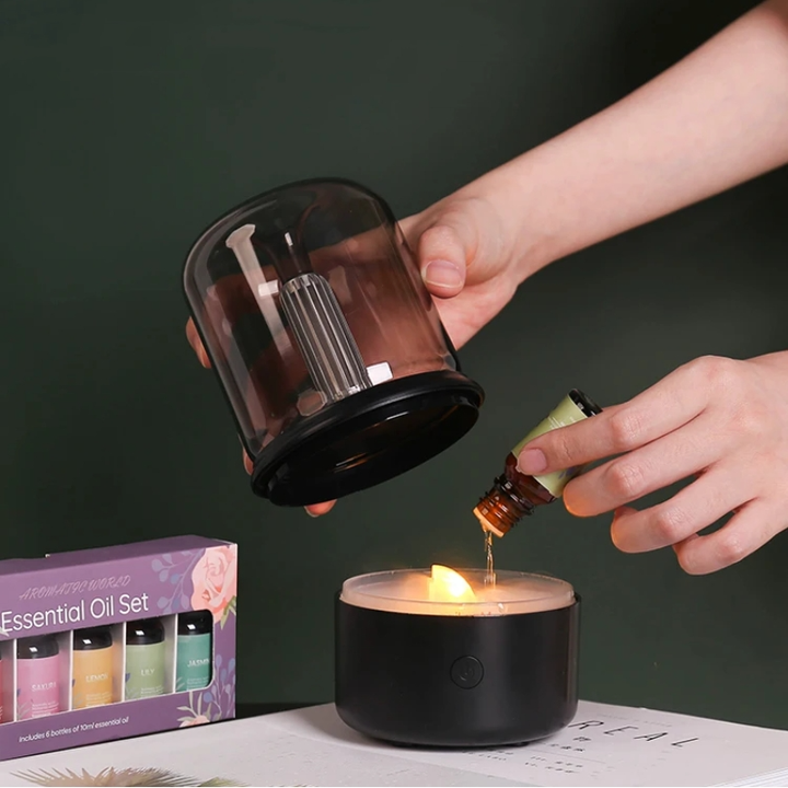 Nærbillede af LED diffuserens bløde flammeeffekt, ideel til stemningsfuldt lys og wellness.
