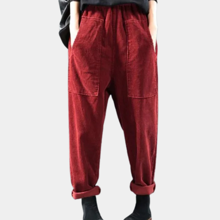 Løse fløjlsbukser til kvinder i sort, kaki og rød; blødt og slidstærkt kordstof; elegant til hverdag og fest.