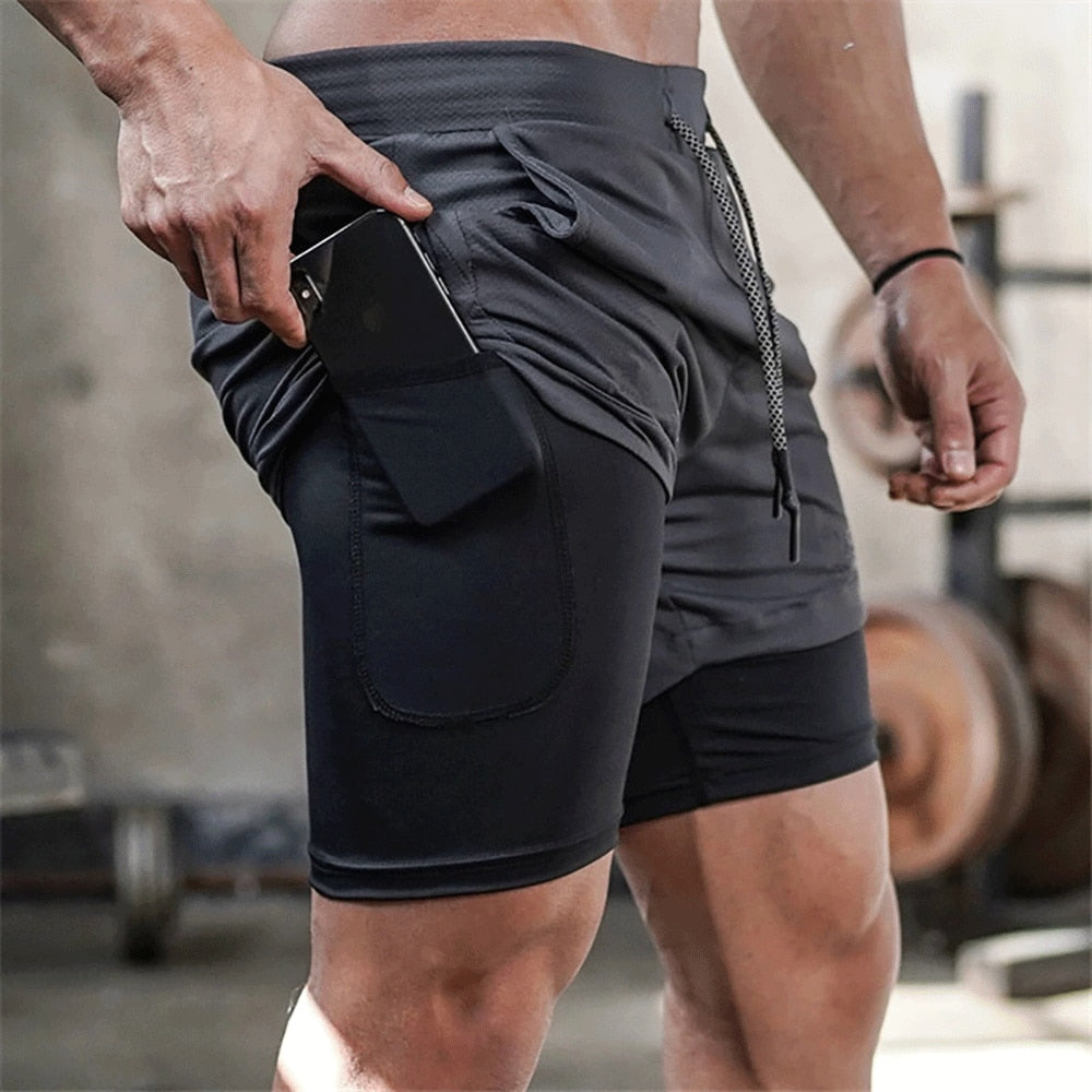 Mænds 2-i-1 træningsshorts med mobillomme, ideelle til løb og fitness.