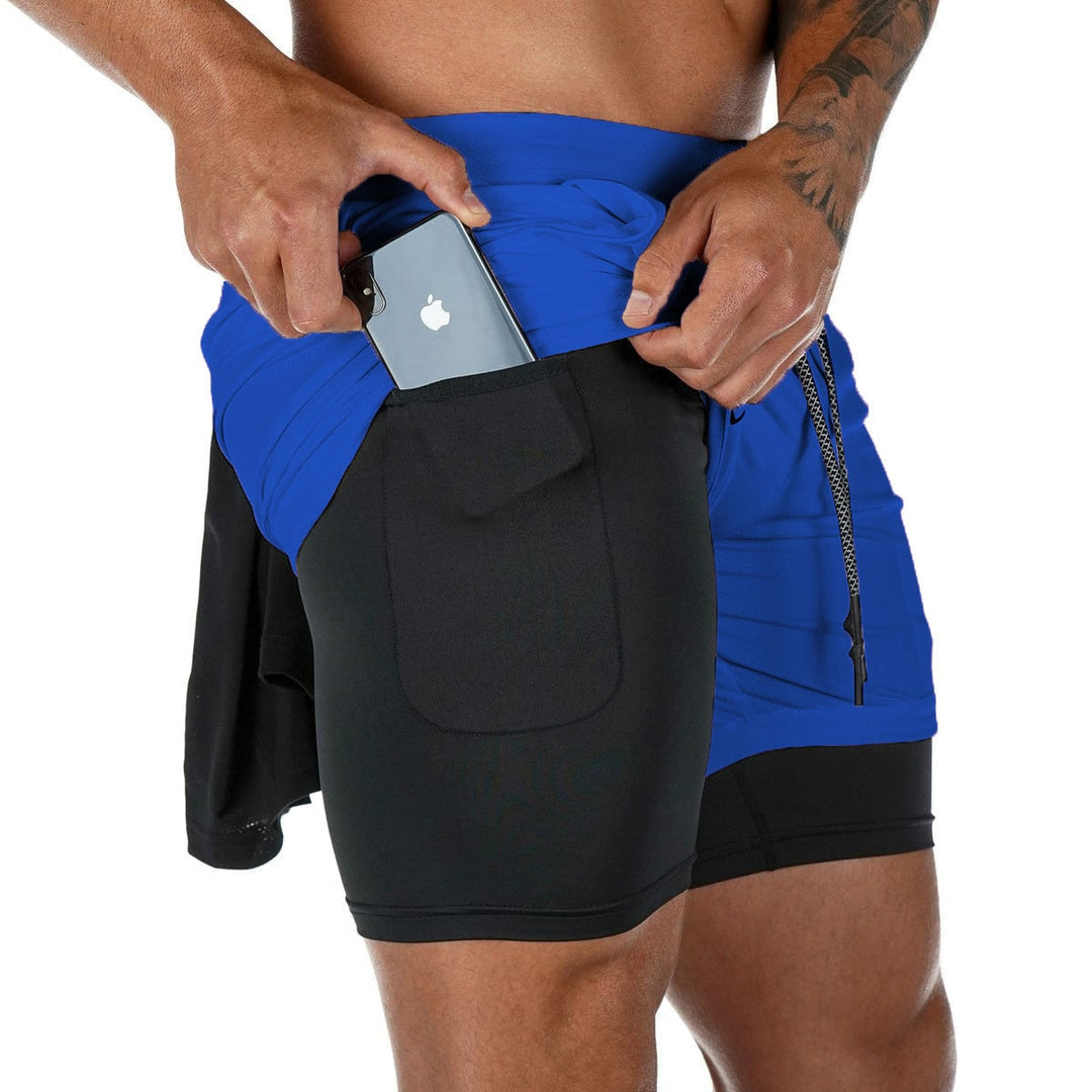 Herre 2-i-1 sportsshorts: Sorte træningsshorts med praktisk mobillomme til løb og sport.