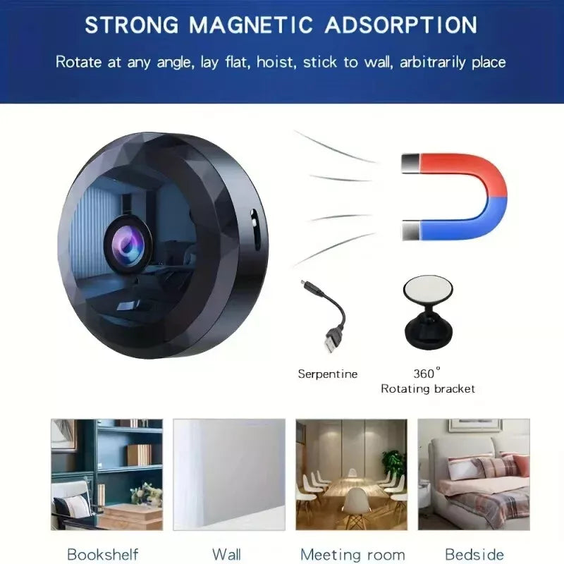 Magnetisk mini WiFi overvågningskamera, 1080P HD, natsyn, bevægelsessensor, diskret og kompakt design for nem placering.