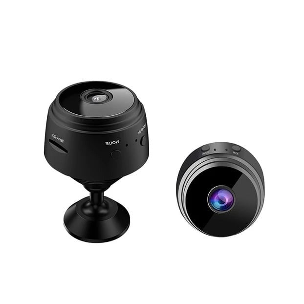 "Mini HD WiFi-kamera med 360° visning og diskret design i sort, passer perfekt til hjemmets sikkerhed."