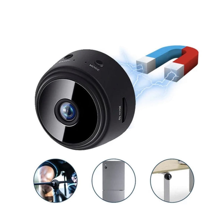 "Mini HD WiFi-kamera med 360° visning og diskret design i sort, passer perfekt til hjemmets sikkerhed."