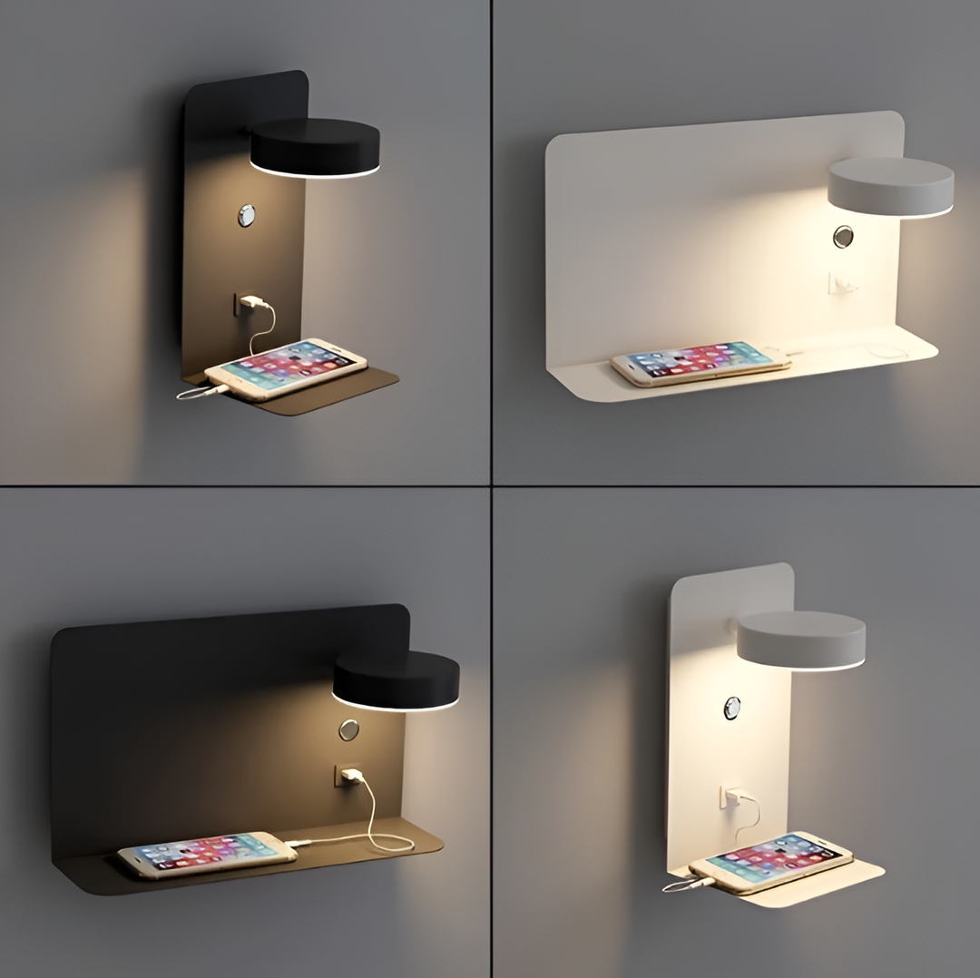 "Minimalistisk LED væglampe i aluminium med integreret USB-opladning og hylde, ideel til moderne soveværelser."