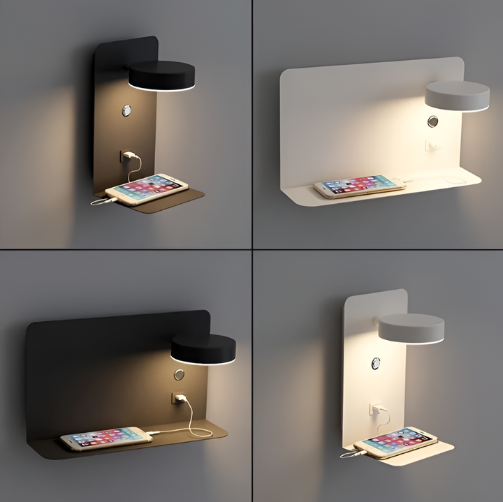 "Minimalistisk LED væglampe i aluminium med integreret USB-opladning og hylde, ideel til moderne soveværelser."