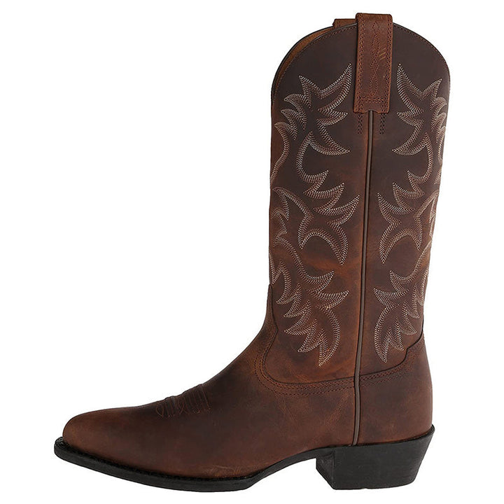 Moderigtige herre cowboystøvler med robust hæl, brunt læder og stilfuldt western-look, perfekte til enhver anledning.