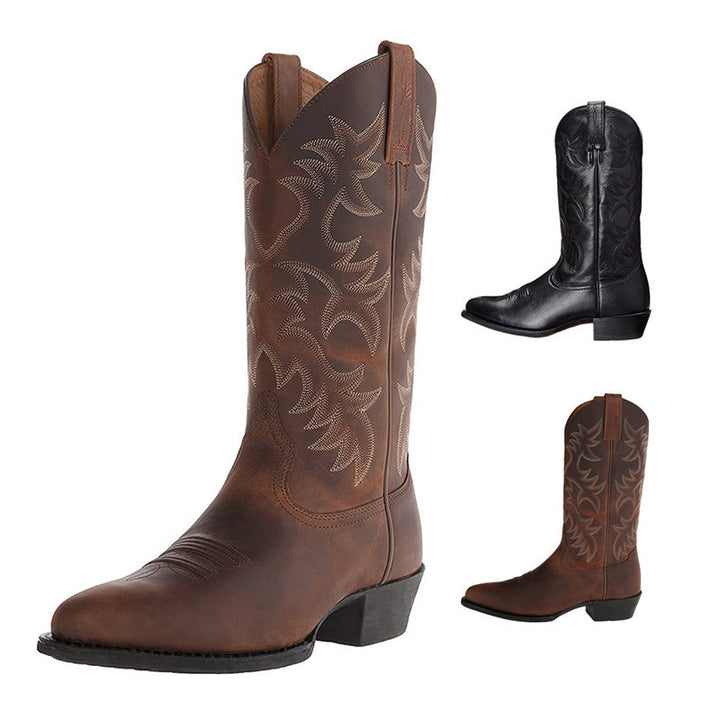 Moderigtige herre cowboystøvler med robust hæl, brunt læder og stilfuldt western-look, perfekte til enhver anledning.