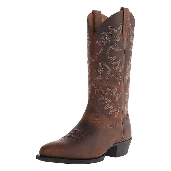 Moderigtige herre cowboystøvler med robust hæl, brunt læder og stilfuldt western-look, perfekte til enhver anledning.