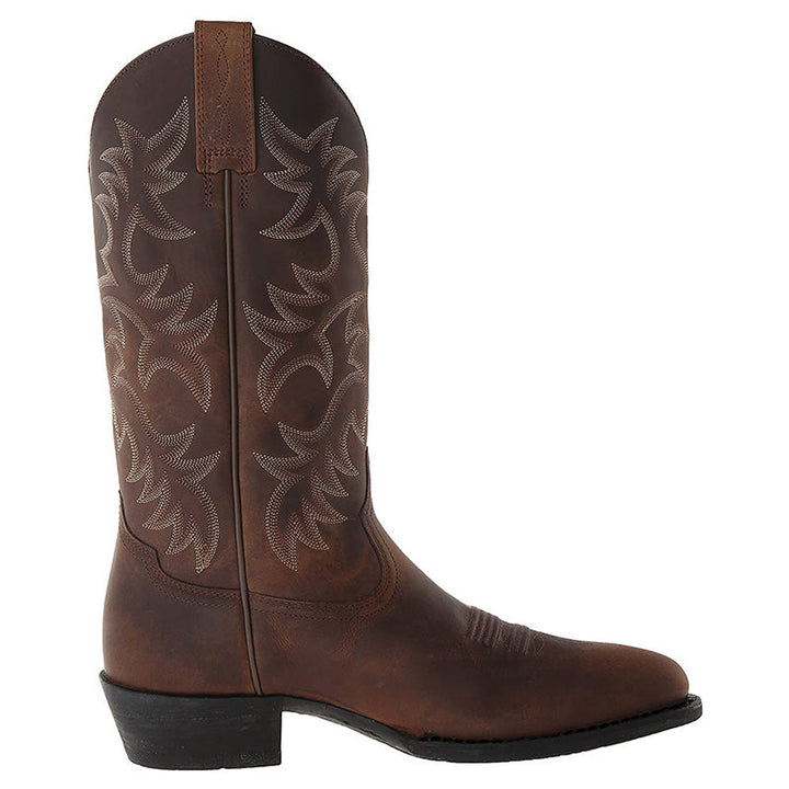 Moderigtige herre cowboystøvler med robust hæl, brunt læder og stilfuldt western-look, perfekte til enhver anledning.