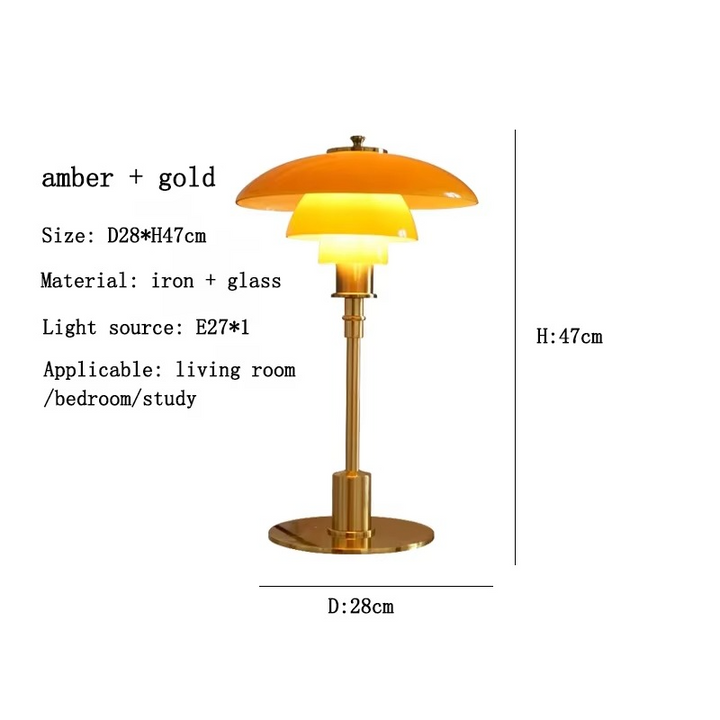 Moderne dansk LED bordlampe i skandinavisk stil, slankt jern- og glasdesign, varm glød, stilfuld belysning