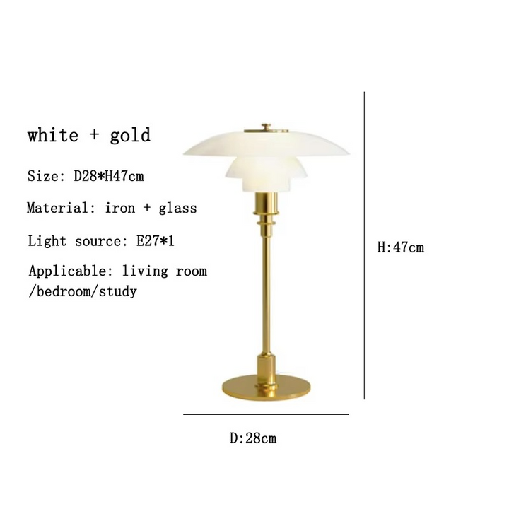 Moderne dansk LED bordlampe i skandinavisk stil, slankt jern- og glasdesign, varm glød, stilfuld belysning
