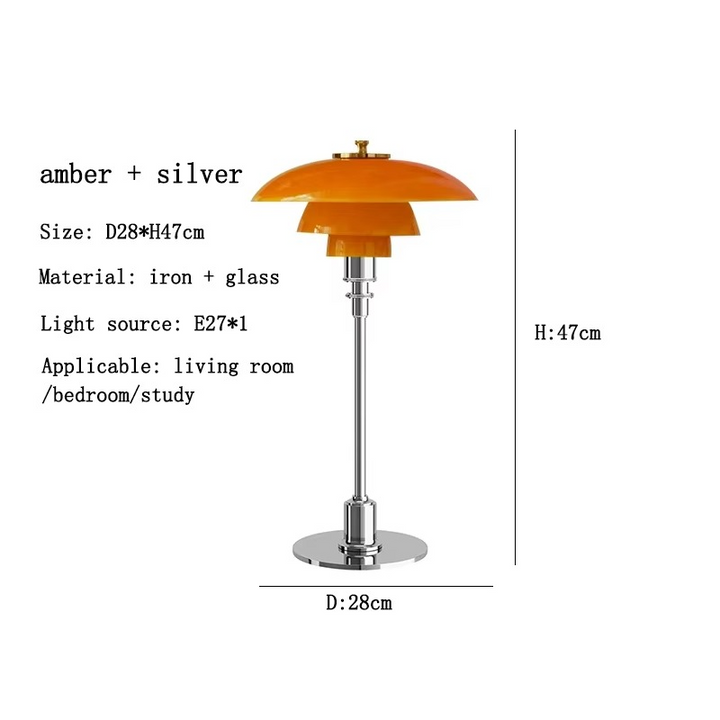 Moderne dansk LED bordlampe i skandinavisk stil, slankt jern- og glasdesign, varm glød, stilfuld belysning