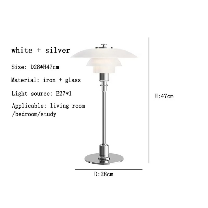 Moderne dansk LED bordlampe i skandinavisk stil, slankt jern- og glasdesign, varm glød, stilfuld belysning