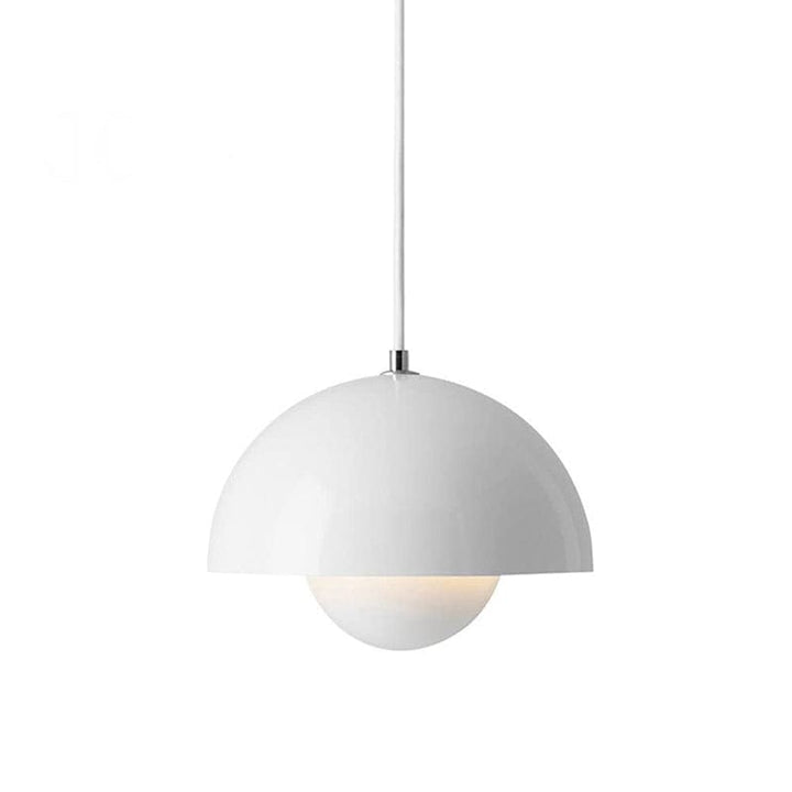 "Moderne hvid flowerpot loftslampe med skandinavisk design, justerbar højde og LED, hængende fra loftet i et stilfuldt hjem."