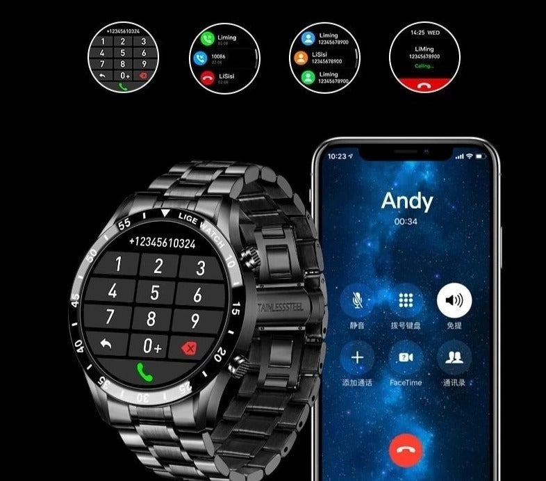 "Moderne smartwatch med rund skærm, stilfuldt og multifunktionelt, perfekt til både kontorbrug og sport, IP67 vandtæt."