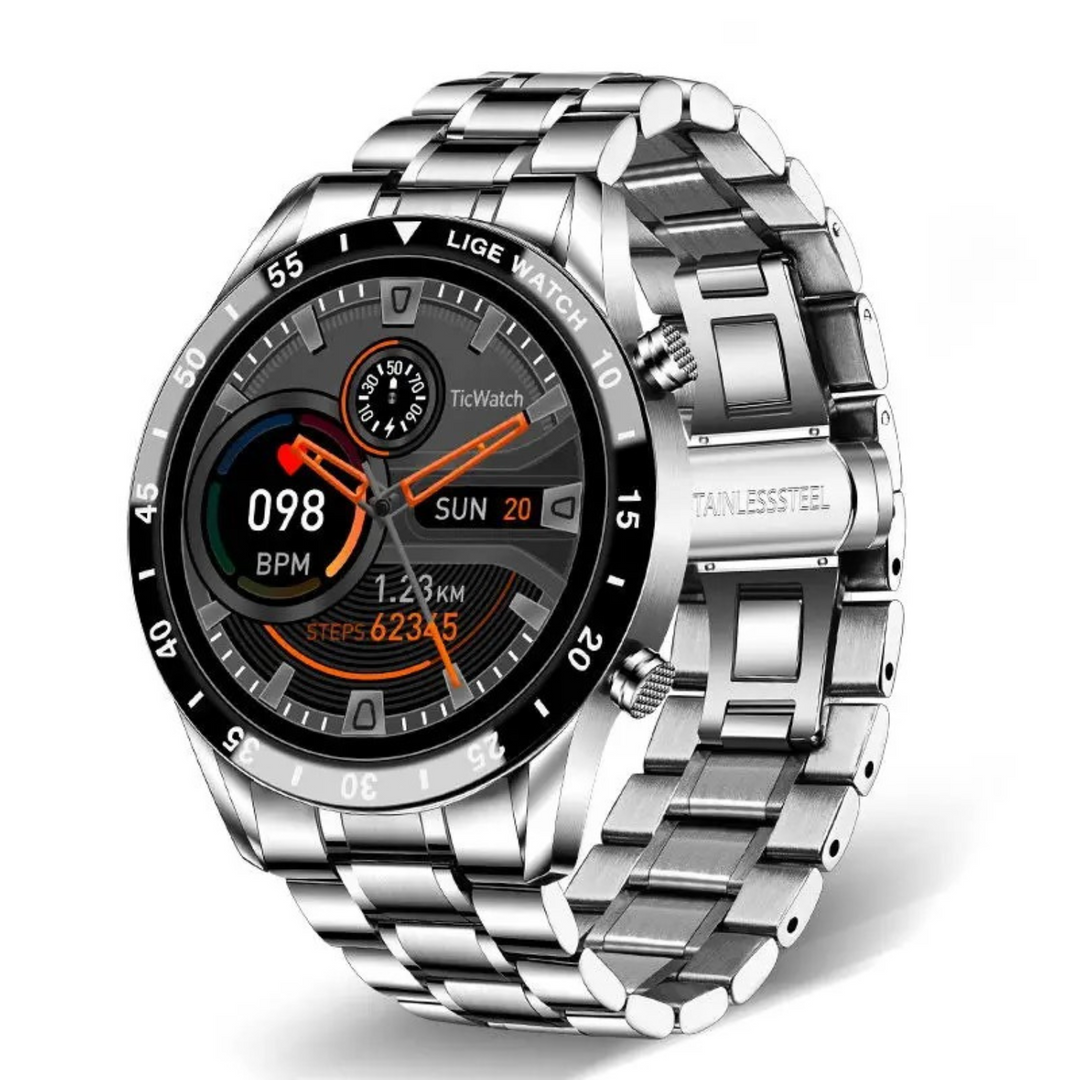 "Moderne smartwatch med rund skærm, stilfuldt og multifunktionelt, perfekt til både kontorbrug og sport, IP67 vandtæt."
