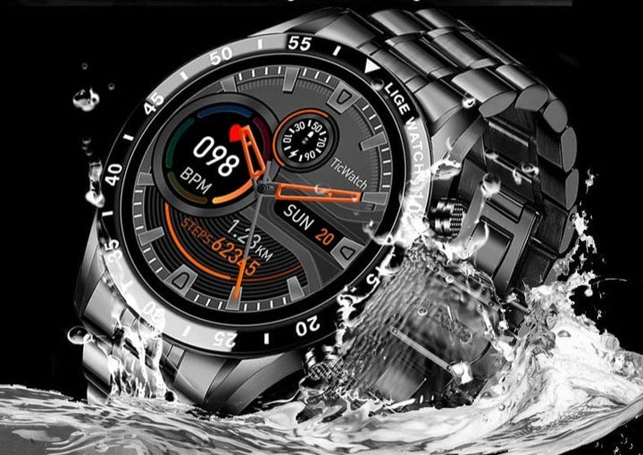 "Moderne smartwatch med rund skærm, stilfuldt og multifunktionelt, perfekt til både kontorbrug og sport, IP67 vandtæt."