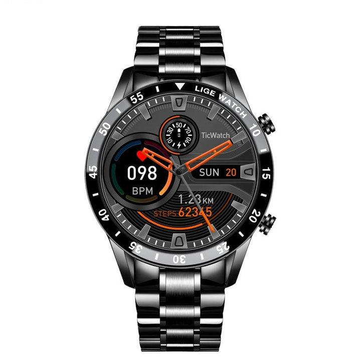 "Moderne smartwatch med rund skærm, stilfuldt og multifunktionelt, perfekt til både kontorbrug og sport, IP67 vandtæt."